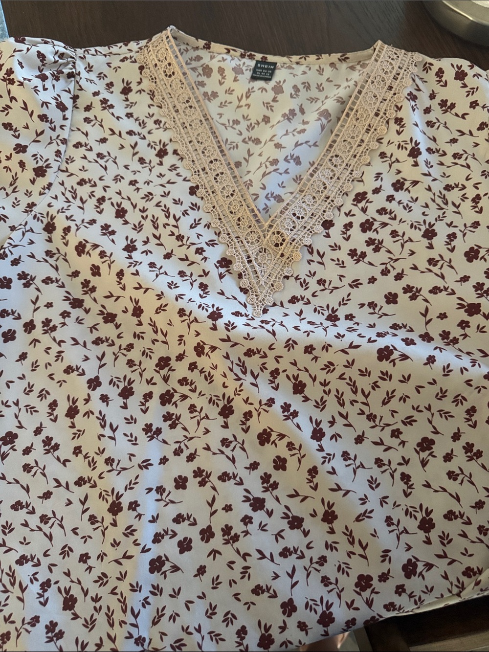 Floral Lace-Trim V-Neck Blouse - Cream with Burgundy Floral